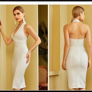 Halter Bodycon Bandage Dress Sexy Hollow Out Backless white